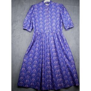 Signor California Vintage Dress Purple 80s Floral Button Front Midi Size Small